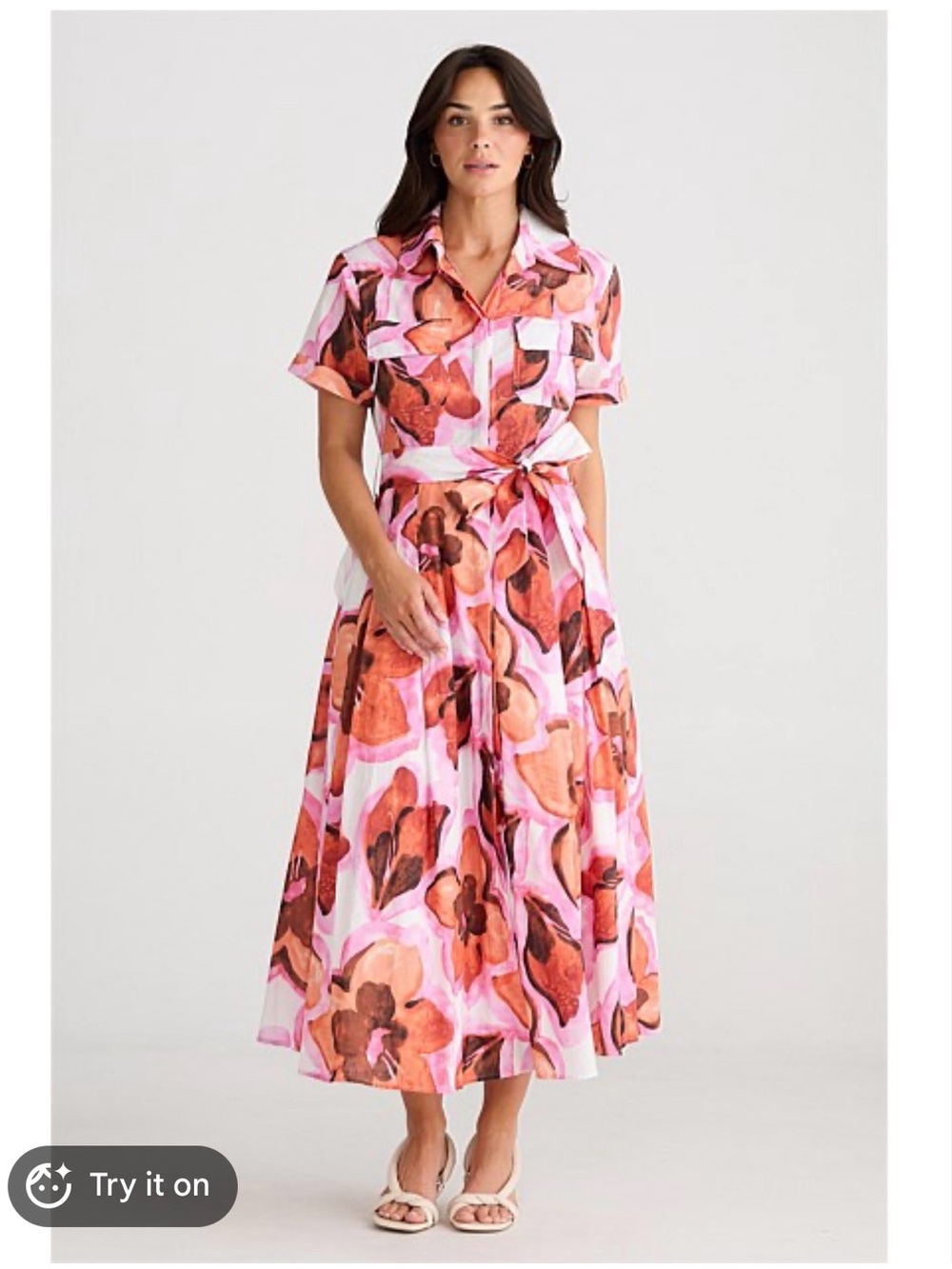NWT Brave+True Floral Pink & Orange Maxi Shirt Dress with Self-Tie Waist Small